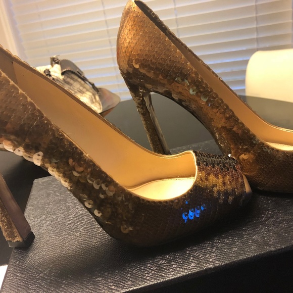 Prada Gold Bronze Sequin Peep Toe Heels 39 - Picture 6 of 7